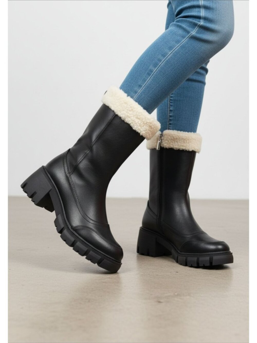 Black Mid-Calf Platform Boots With Shearling Trim & Side Zipper Closure